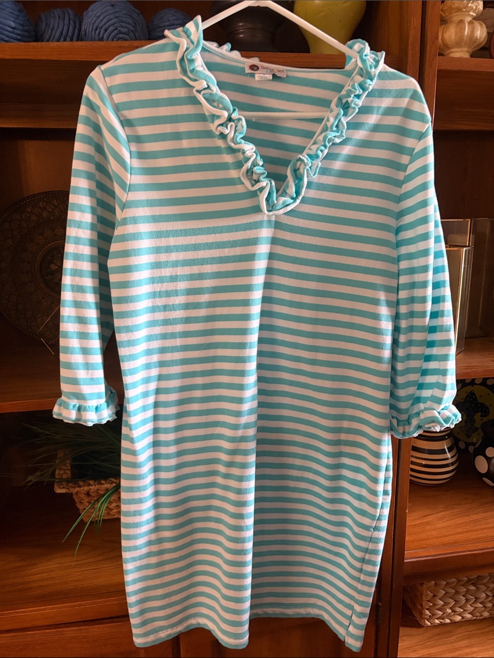 Striped Ruffle V-Neck Dress - Aqua & White